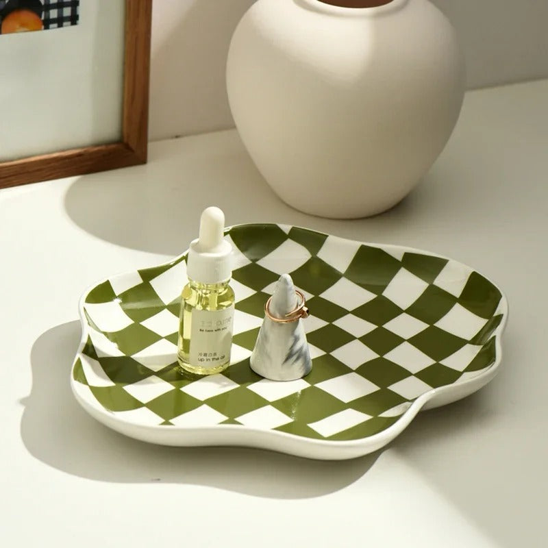 Ceramic serving tray – Checkered pattern – 9.1 in diameter – Stylish home decor piece 0