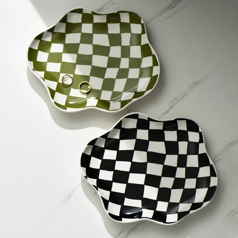 Ceramic serving tray – Checkered pattern – 9.1 in diameter – Stylish home decor piece 1