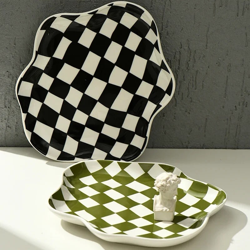 Ceramic serving tray – Checkered pattern – 9.1 in diameter – Stylish home decor piece 2