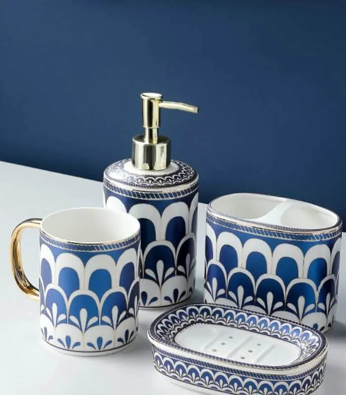 Ceramic soap dispenser – Elegant blue and white design – 500 ml capacity – Stylish bathroom accessory 4