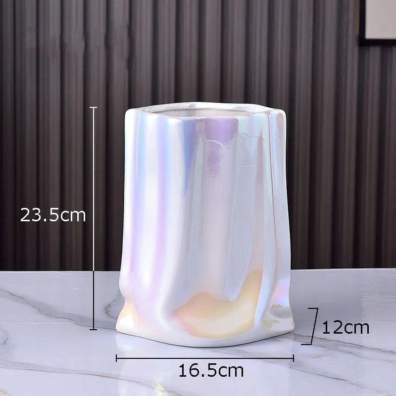 Ceramic vase – Elegant paper bag shape – Versatile home decor – 9.25 in height – Available in silver, white, gold, pink 10