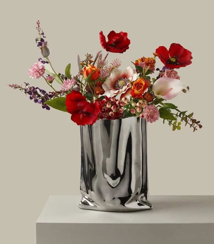 Ceramic vase – Elegant paper bag shape – Versatile home decor – 9.25 in height – Available in silver, white, gold, pink 4