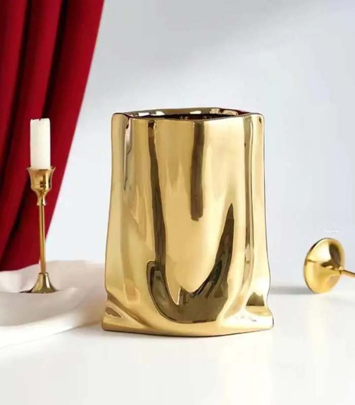 Ceramic vase – Elegant paper bag shape – Versatile home decor – 9.25 in height – Available in silver, white, gold, pink 5