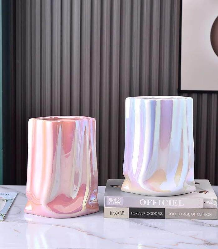 Ceramic vase – Elegant paper bag shape – Versatile home decor – 9.25 in height – Available in silver, white, gold, pink 8