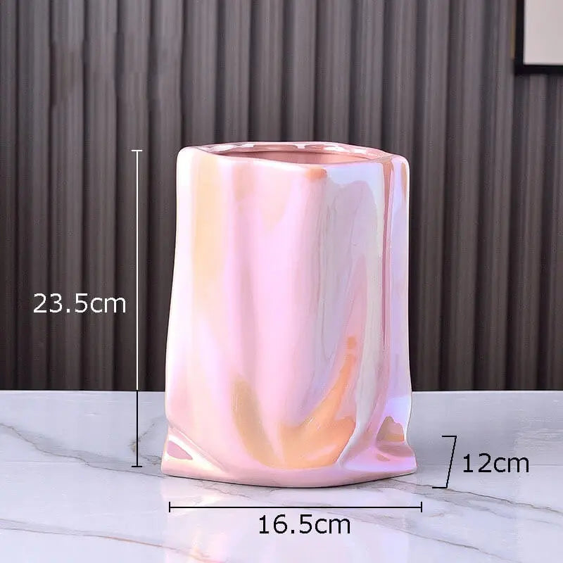 Ceramic vase – Elegant paper bag shape – Versatile home decor – 9.25 in height – Available in silver, white, gold, pink 9