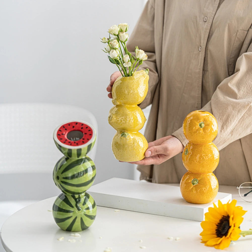 Ceramic vase – Minimalist design – Orange and lemon motif – Elegant flower vase for home decor 0