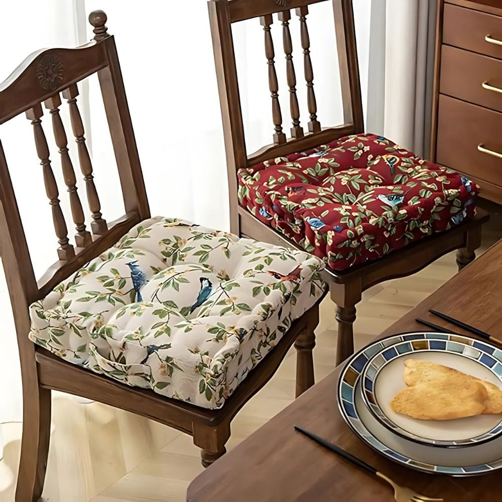 Chair cushion – Durable microfibre blend – Whimsical bird and leaf design – Comfortable outdoor seating solution 1