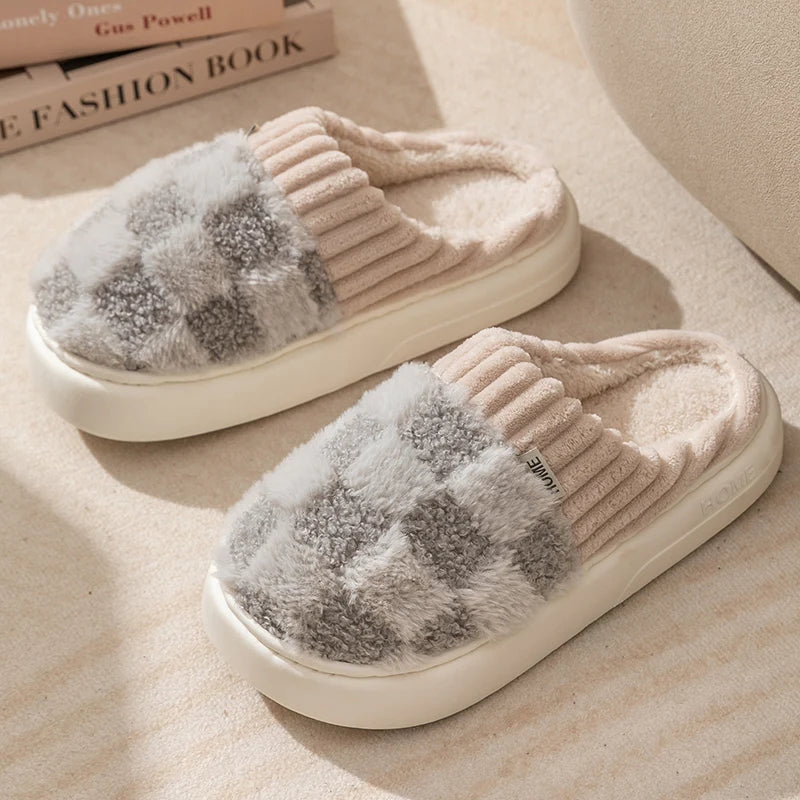 Cozy checkered plush women's slippers featuring a soft, fuzzy texture and anti-slip sole, perfect for indoor wear. These stylish slippers come in a classic 11