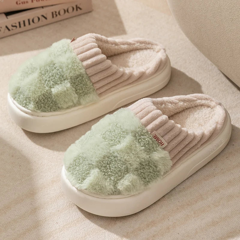 Cozy checkered plush women's slippers featuring a soft, warm interior and anti-slip sole for safety. Designed for indoor use, these stylish slippers come in 9