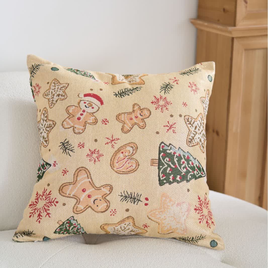Festive Christmas gingerbread man throw pillow featuring a charming design with embroidered details, soft fabric in warm brown and cream colors, perfect for adding a cozy 0