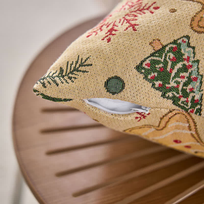 Festive Christmas gingerbread man throw pillow featuring a charming design with embroidered details, soft fabric in warm brown and cream colors, perfect for adding a cozy 1