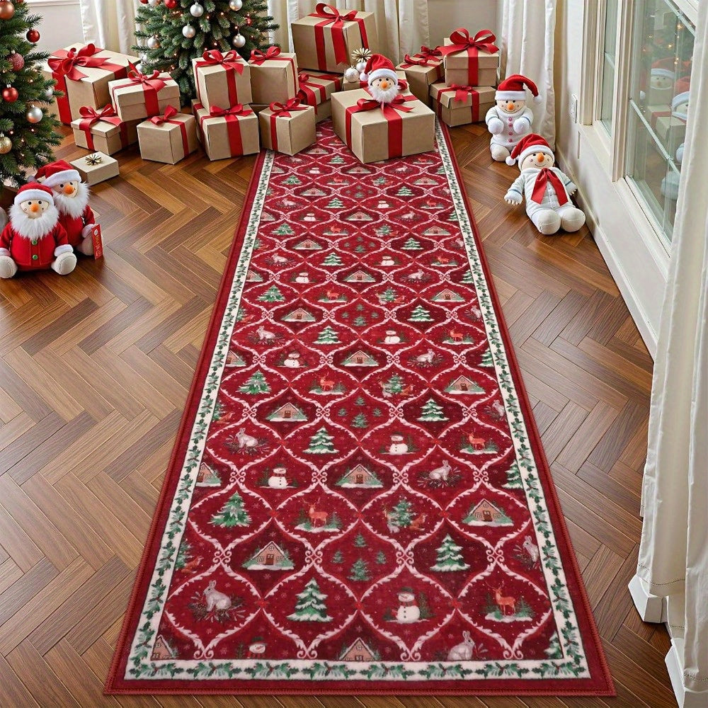 Vibrant red Christmas runner rug featuring a festive design, perfect for hallway decor. Made from washable material with a non-slip backing for safety. Ideal 0