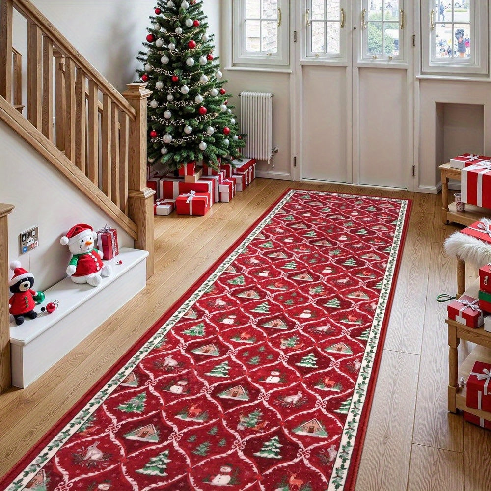 Vibrant red Christmas runner rug featuring a festive design, perfect for hallway decor. Made from washable material with a non-slip backing for safety. Ideal 1