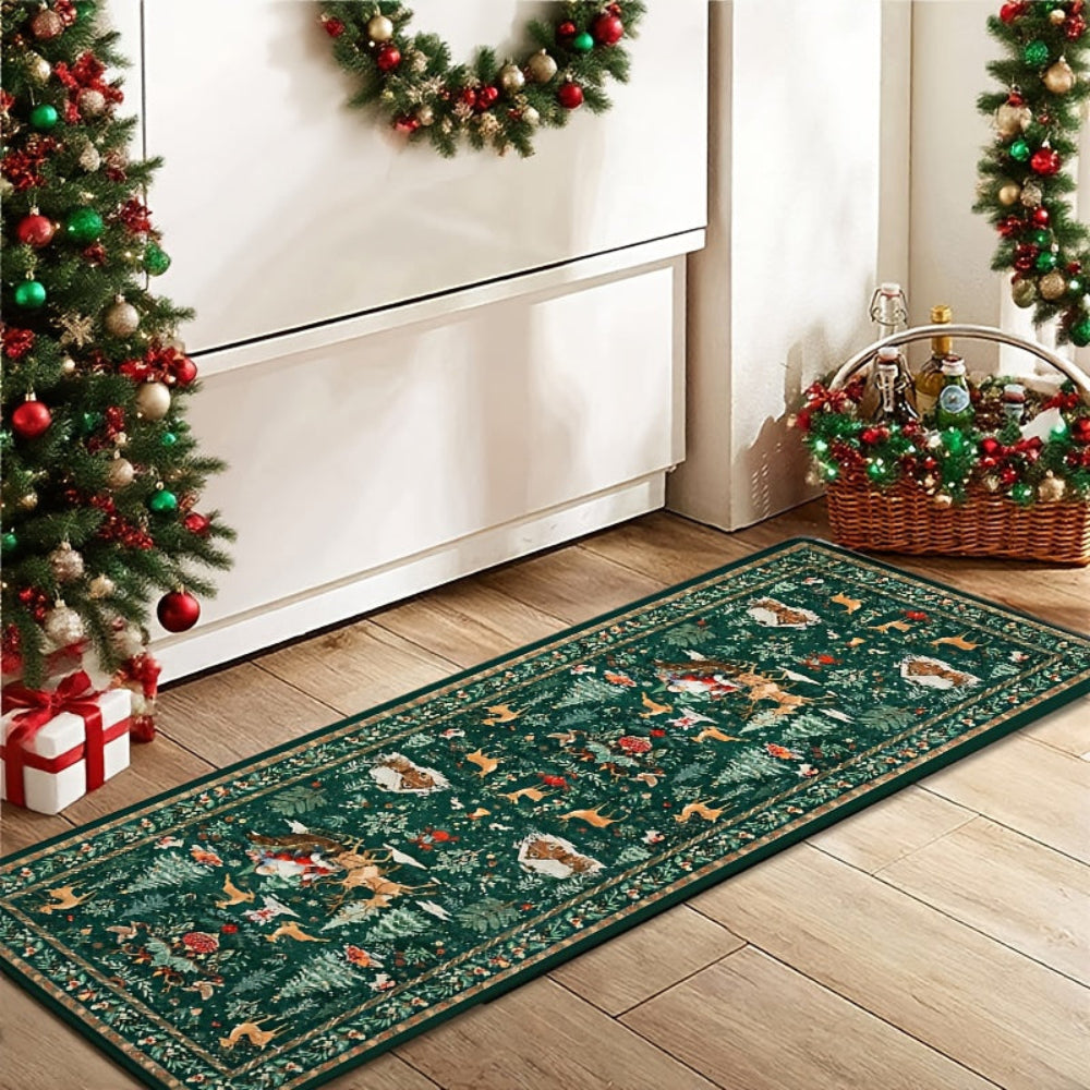 Festive red Christmas runner rug featuring a whimsical reindeer pattern. Made from durable, washable fabric, it's perfect for adding holiday cheer to hallways. 0