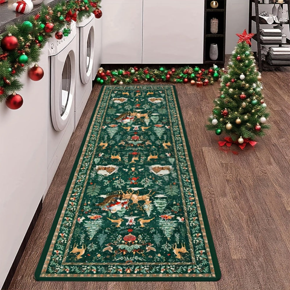 Festive red Christmas runner rug featuring a whimsical reindeer pattern. Made from durable, washable fabric, it's perfect for adding holiday cheer to hallways. 2