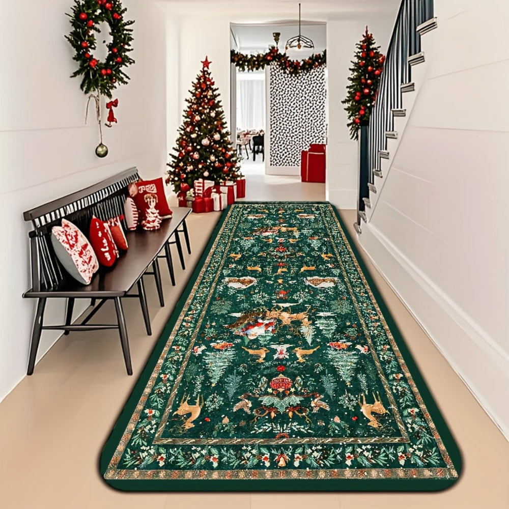 Festive red Christmas runner rug featuring a whimsical reindeer pattern. Made from durable, washable fabric, it's perfect for adding holiday cheer to hallways. 3