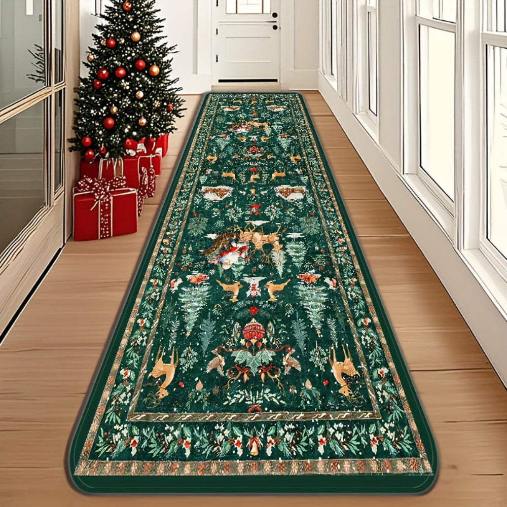 Festive red Christmas runner rug featuring a whimsical reindeer pattern. Made from durable, washable fabric, it's perfect for adding holiday cheer to hallways. 5