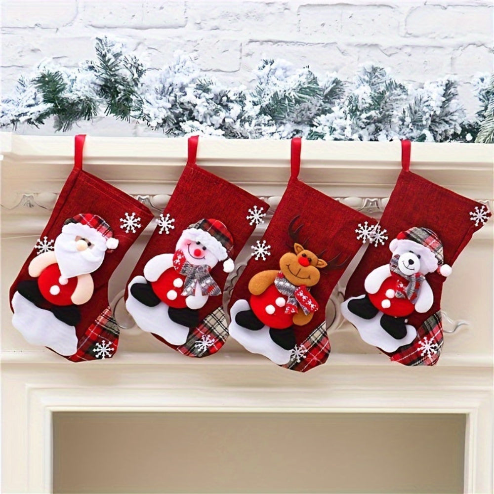 Set of three Christmas stockings featuring Santa, a snowman, and a reindeer. Made from red fabric with colorful embroidered designs. Perfect for festive decoration 1