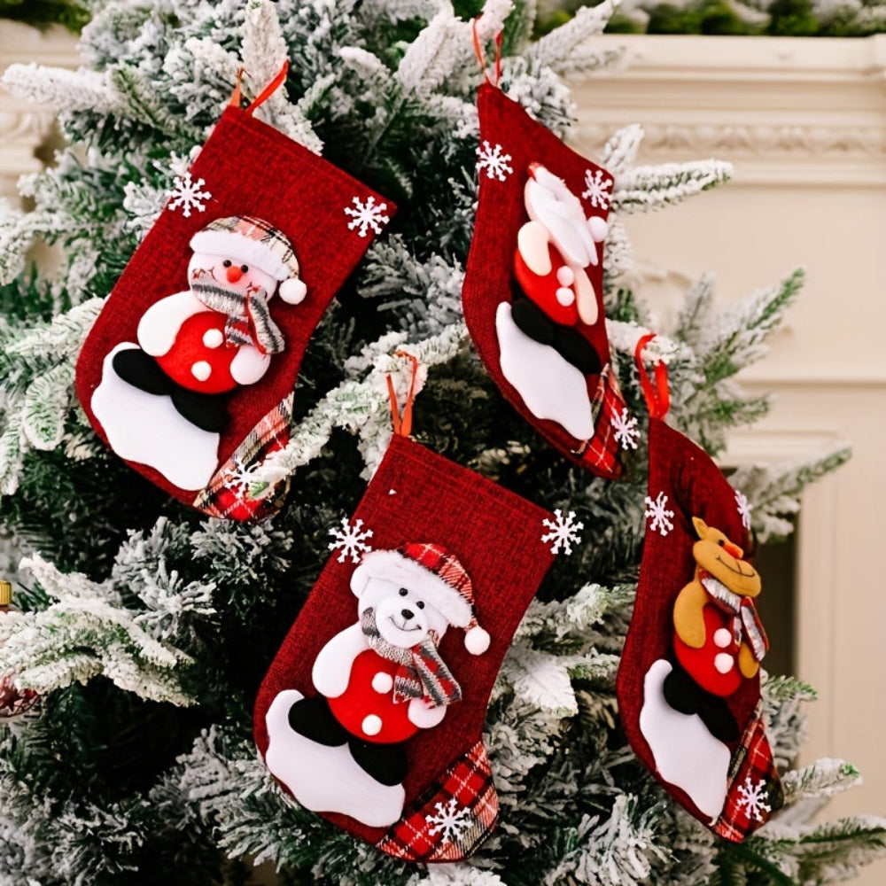 Set of three Christmas stockings featuring Santa, a snowman, and a reindeer. Made from red fabric with colorful embroidered designs. Perfect for festive decoration 2