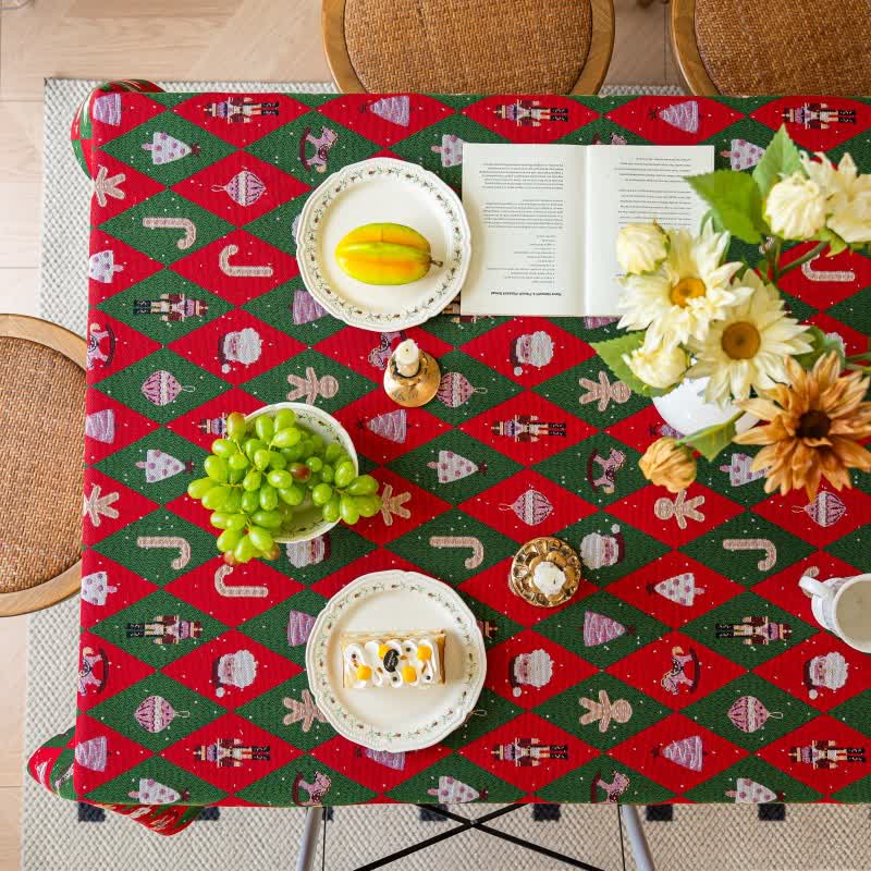 Red and green diamond plaid Christmas tablecloth featuring festive holiday motifs. Made from durable fabric, it adds a cheerful touch to holiday gatherings and enhances your dining 1