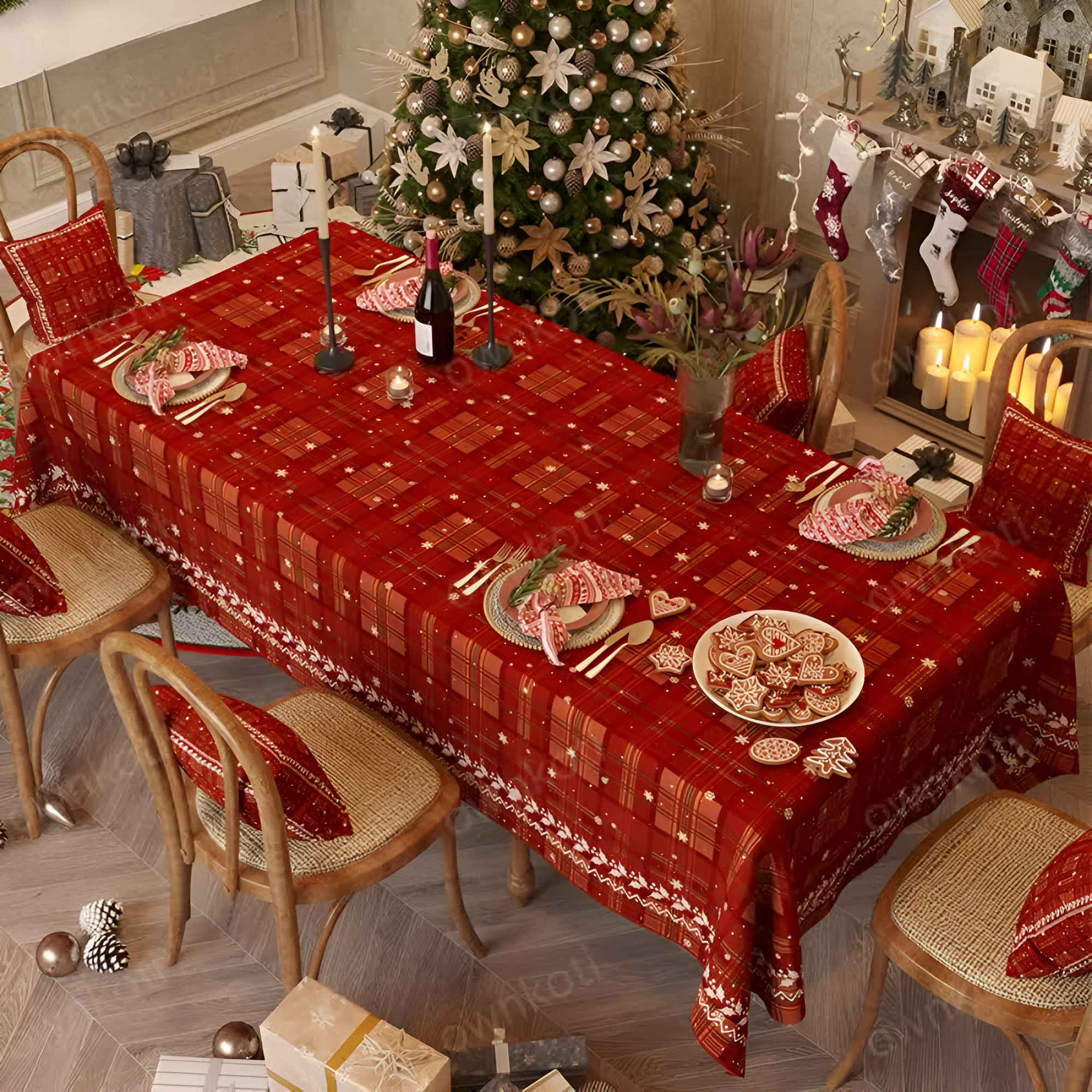 Festive red chenille tablecloth featuring a classic plaid design, perfect for holiday dining. The soft texture adds warmth to your table setting, creating a 0