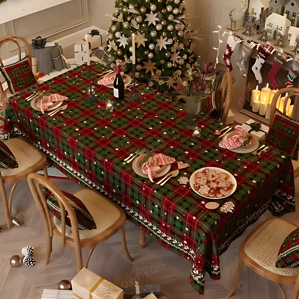 Festive red chenille tablecloth featuring a classic plaid design, perfect for holiday dining. The soft texture adds warmth to your table setting, creating a 1