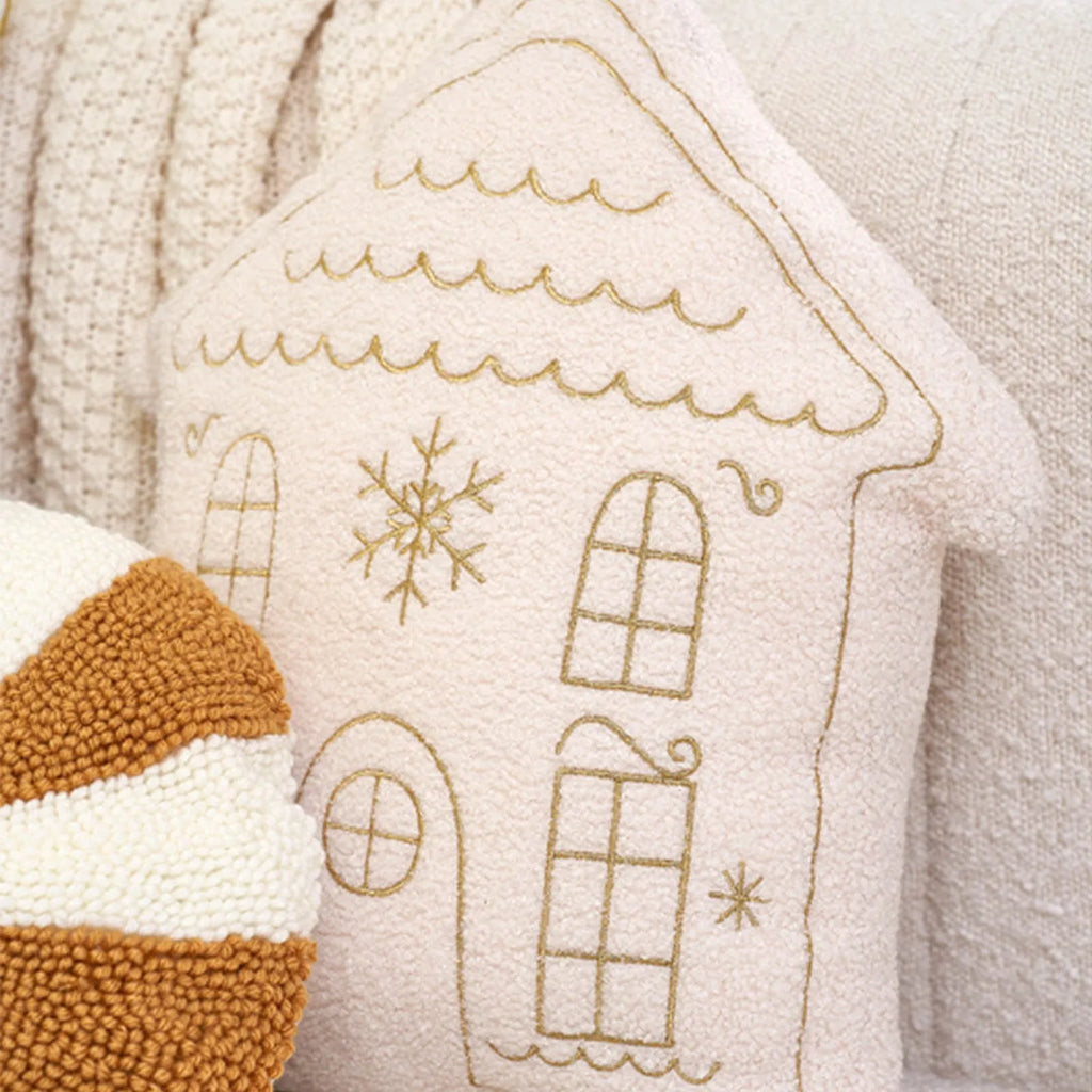 Christmas cushion – Soft plush – House shaped design – Gold embroidery – Festive home decor 0