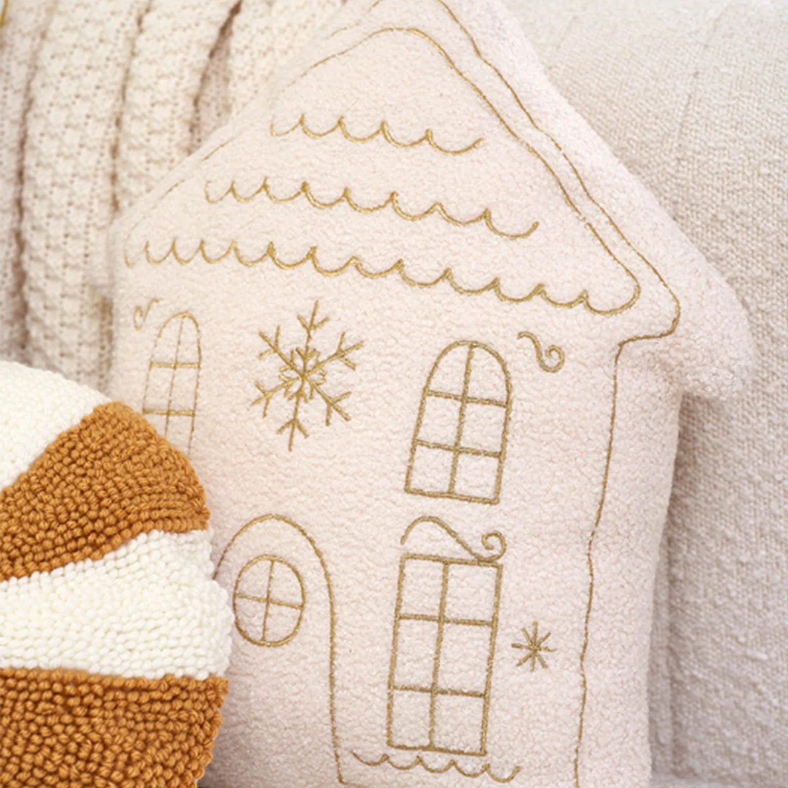 Christmas cushion – Soft plush – House shaped design – Gold embroidery – Festive home decor 0
