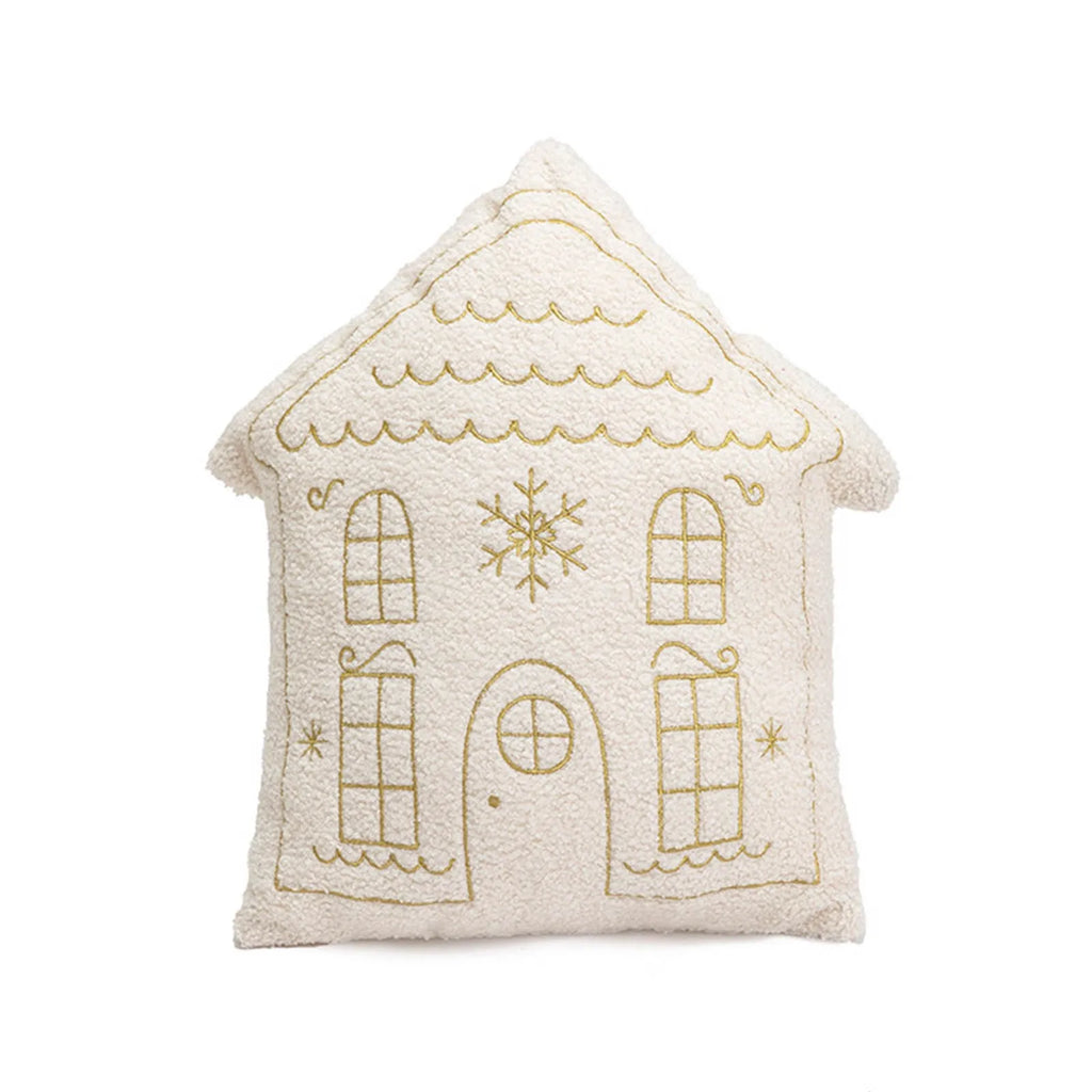 Christmas cushion – Soft plush – House shaped design – Gold embroidery – Festive home decor 1