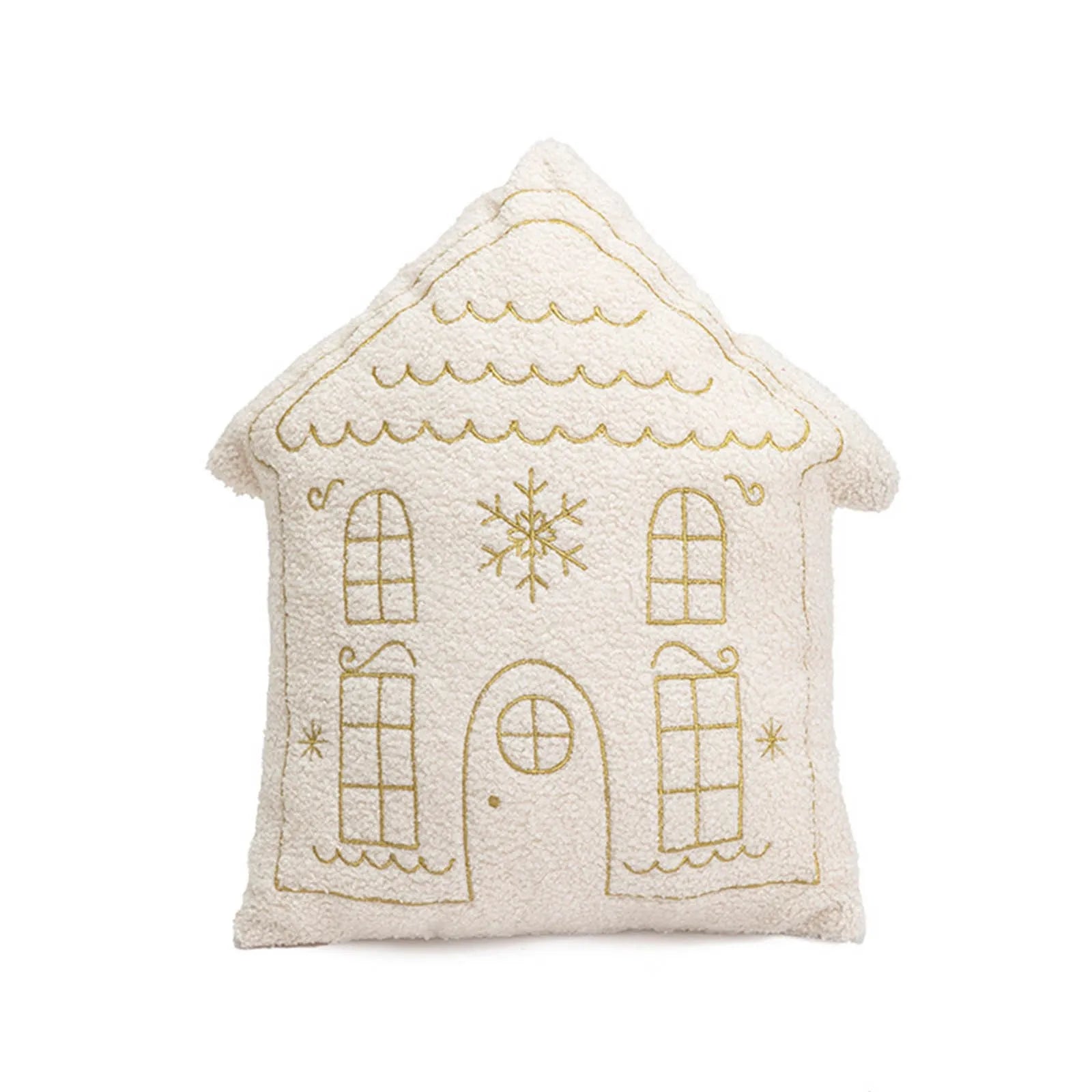 Christmas cushion – Soft plush – House shaped design – Gold embroidery – Festive home decor 1