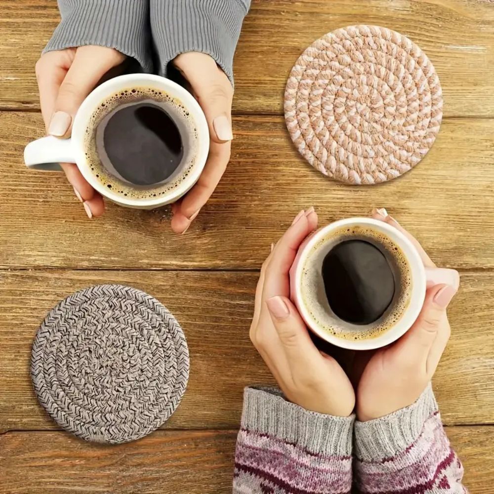 Coaster set – Naturally absorbent cotton – Earthy soft tones – 8-piece with matching holder 2