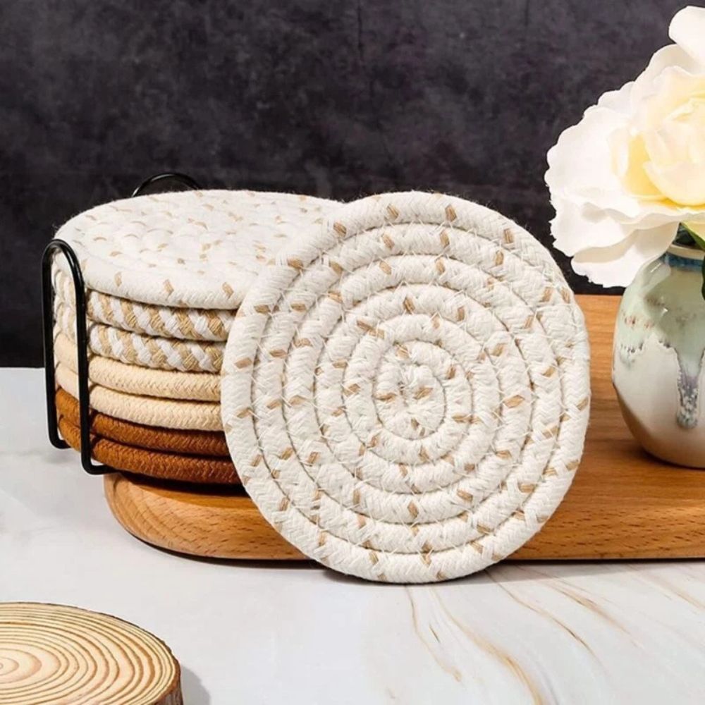 Coaster set – Naturally absorbent cotton – Earthy soft tones – 8-piece with matching holder 3