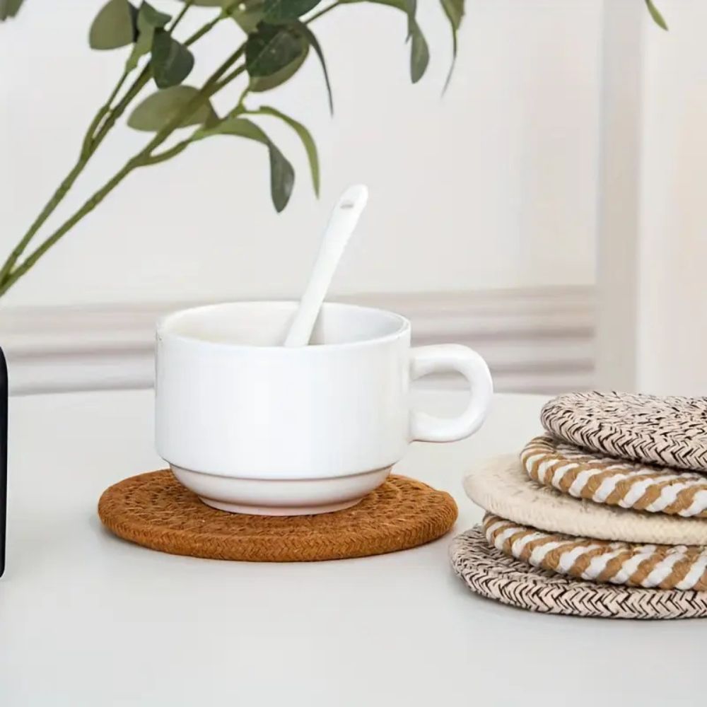 Coaster set – Naturally absorbent cotton – Earthy soft tones – 8-piece with matching holder 4