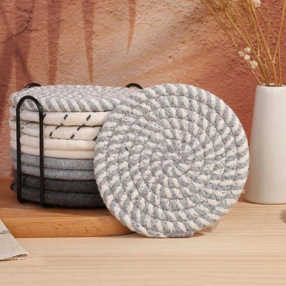 Coaster set – Naturally absorbent cotton – Earthy soft tones – 8-piece with matching holder 5