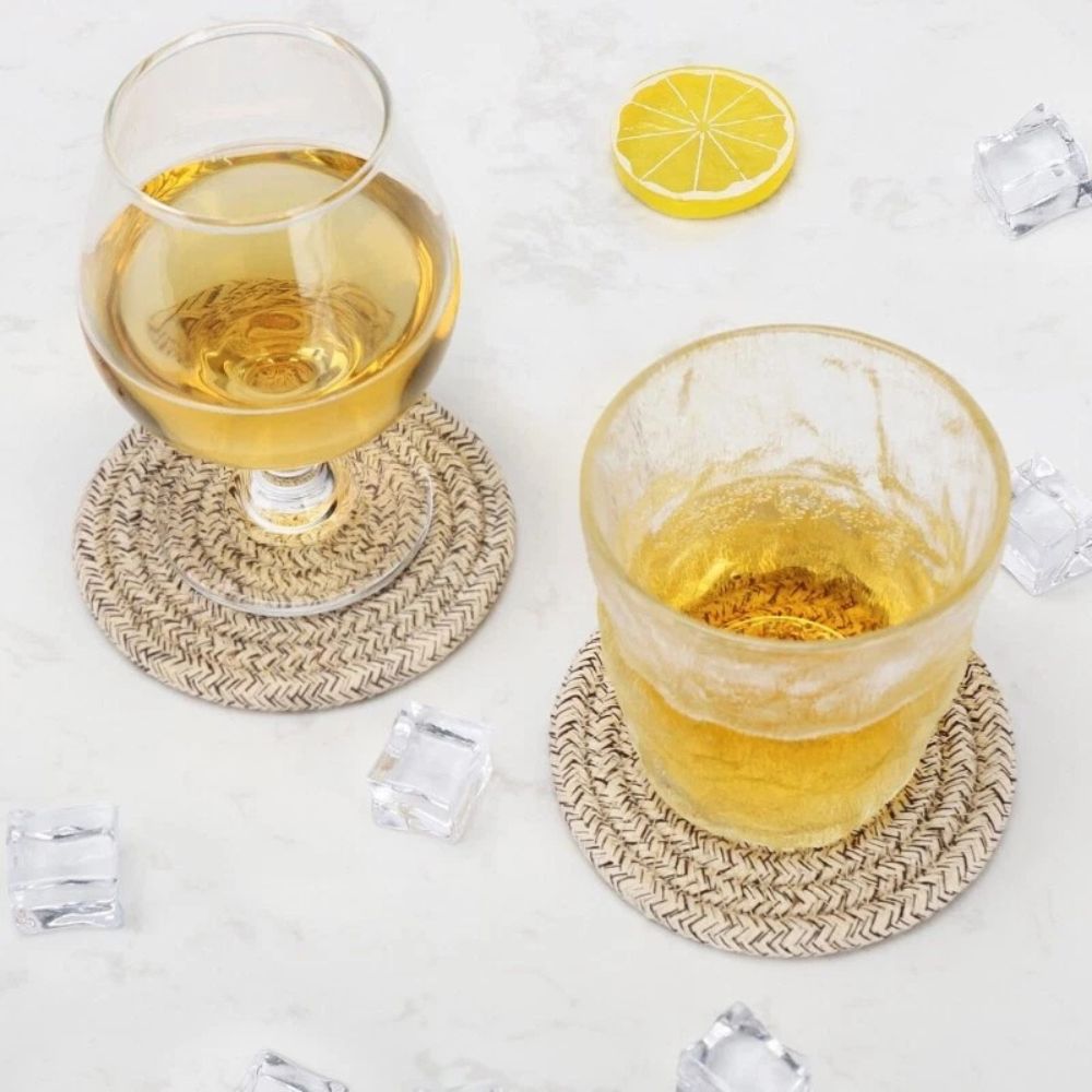 Coaster set – Naturally absorbent cotton – Earthy soft tones – 8-piece with matching holder 6