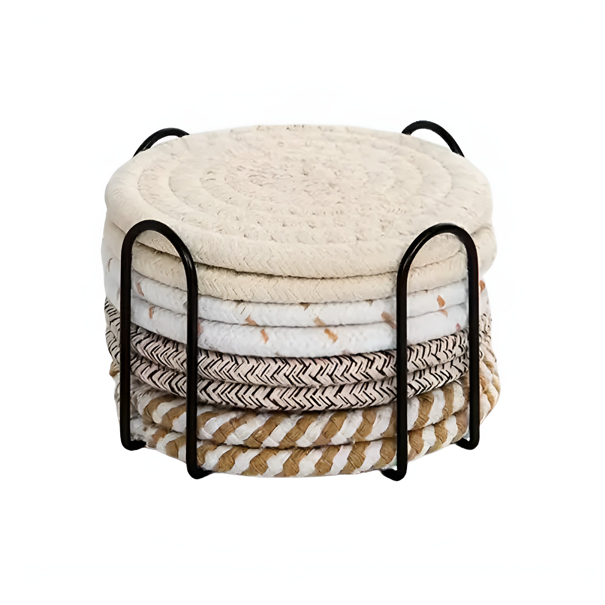 Coaster set – Naturally absorbent cotton – Earthy soft tones – 8-piece with matching holder 8