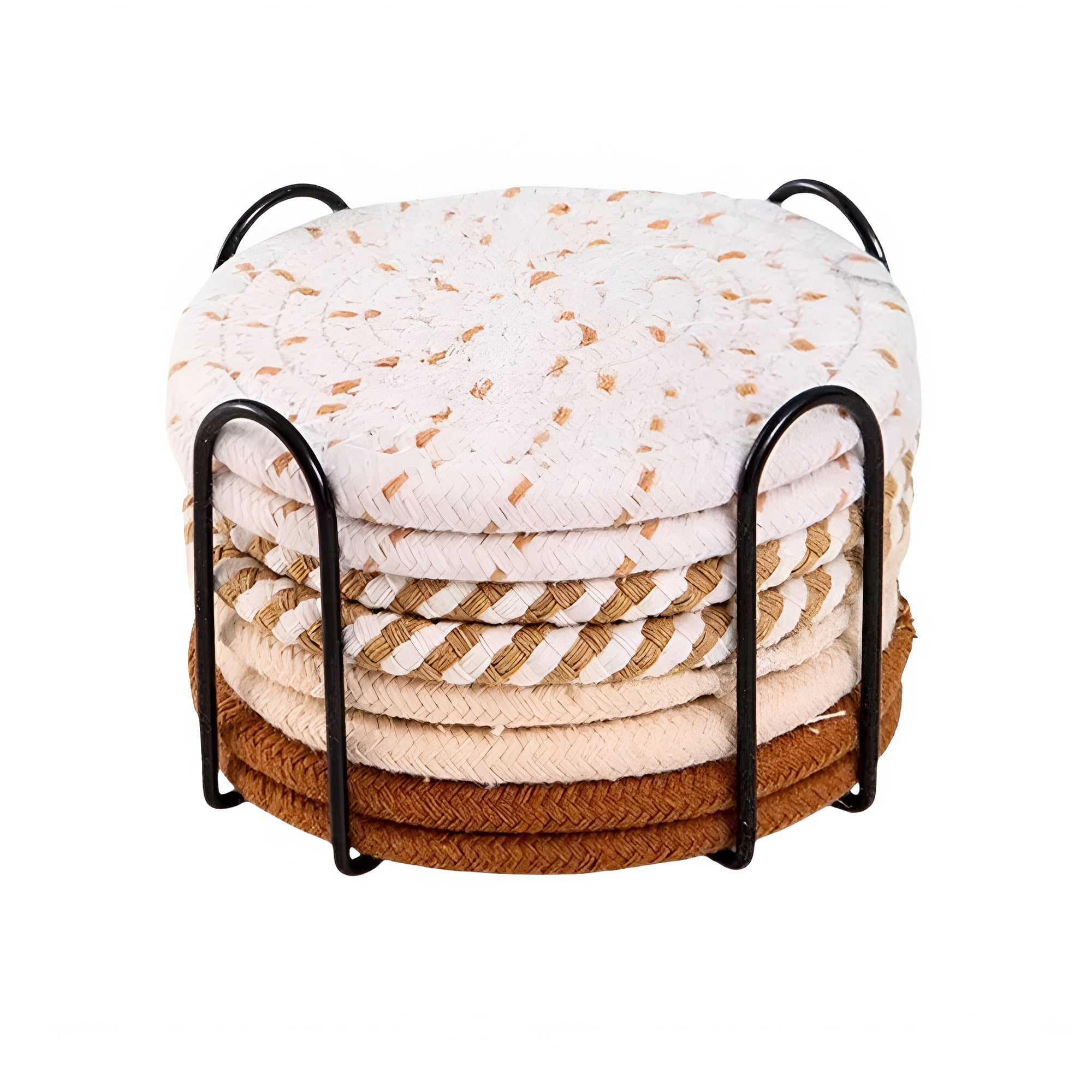 Coaster set – Naturally absorbent cotton – Earthy soft tones – 8-piece with matching holder 9