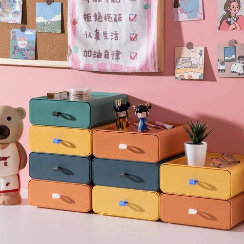 Brightly colored stackable plastic storage boxes designed for home and office organization, featuring a durable construction and interlocking design for efficient space-saving. Perfect for 1