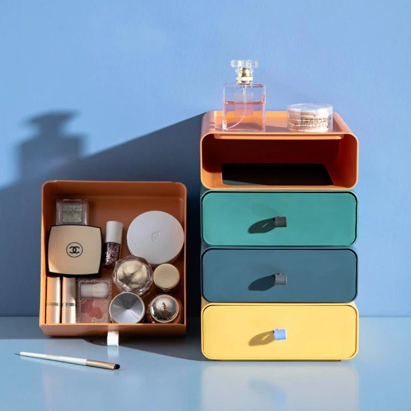 Brightly colored stackable plastic storage boxes designed for home and office organization. Features a durable design with easy-to-grip handles, perfect for efficient space 2