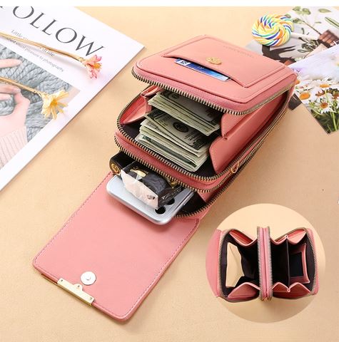 Sleek black compact crossbody phone bag made of durable nylon, featuring a detachable card holder and adjustable strap for convenience. Ideal for hands-free outings 4