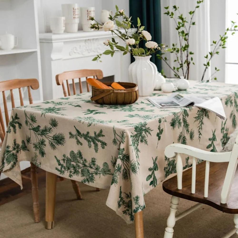 Cotton Dining Table Cloth with Rustic Pine and Bird Print, 60 x 84 Inches, Machine Washable Dining Room Table Cover 0