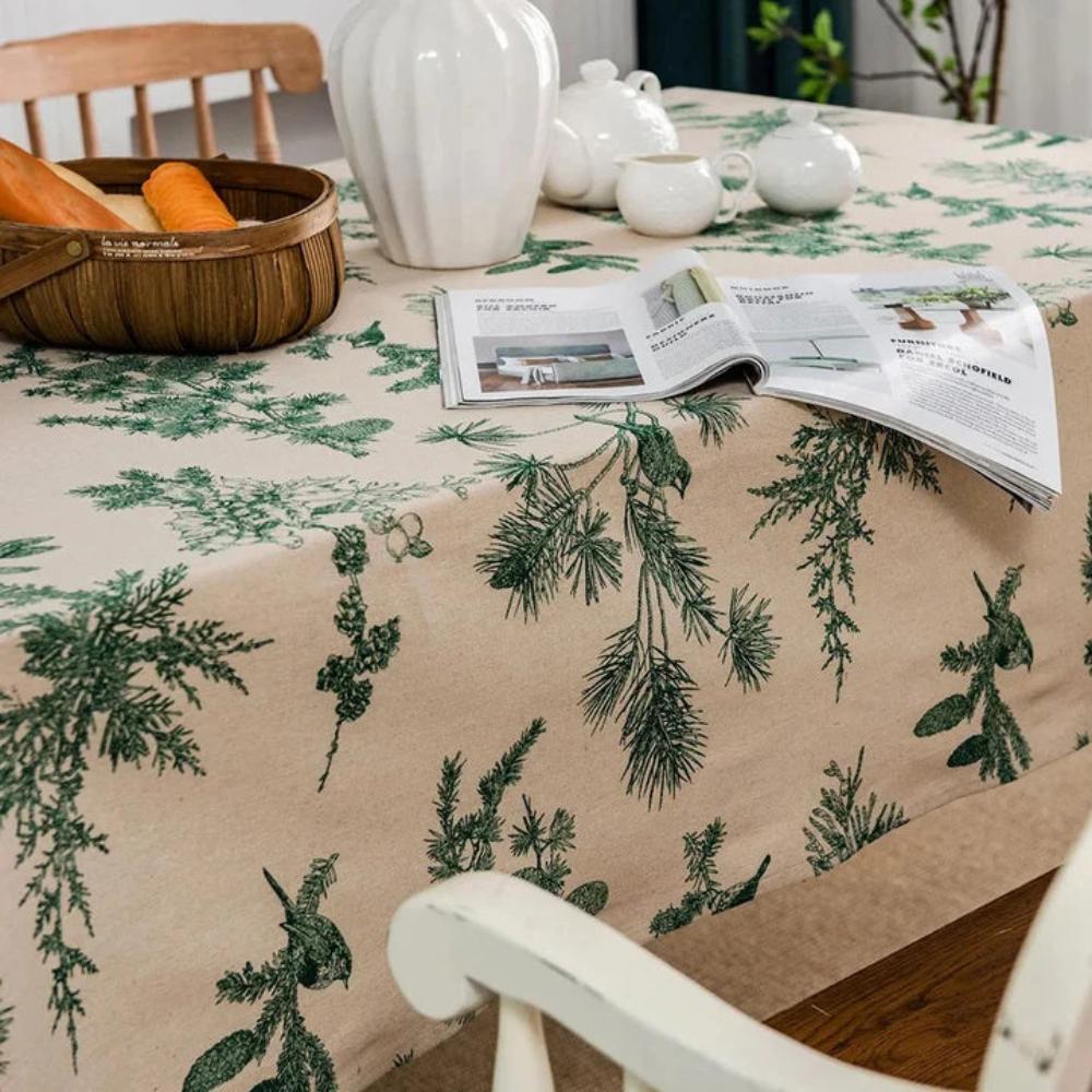 Cotton Dining Table Cloth with Rustic Pine and Bird Print, 60 x 84 Inches, Machine Washable Dining Room Table Cover 1