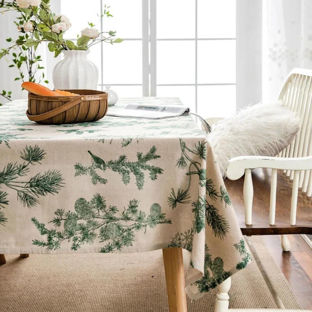 Cotton Dining Table Cloth with Rustic Pine and Bird Print, 60 x 84 Inches, Machine Washable Dining Room Table Cover 4