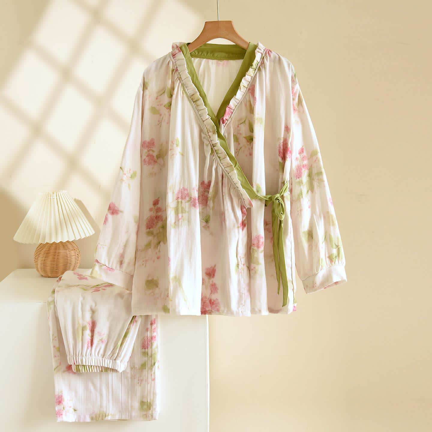 Cotton Gauze Peony Kimono Loungewear Set – Women's Matching Lounge Set with Ruffle Neckline and Full-Length Pants 0