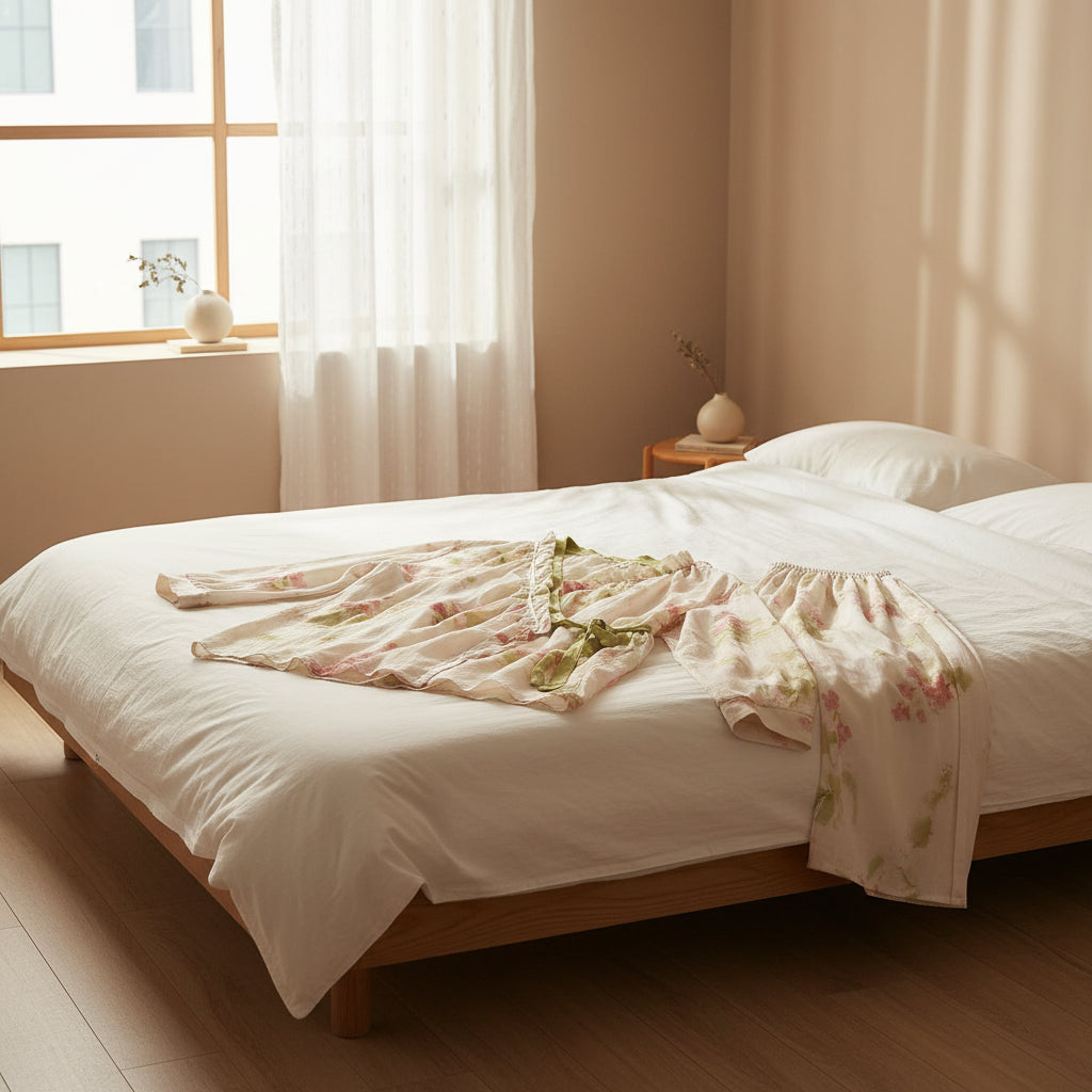 Cotton Gauze Peony Kimono Loungewear Set – Women's Matching Lounge Set with Ruffle Neckline and Full-Length Pants 1