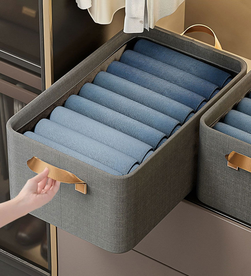 Stylish gray cotton linen storage basket with sturdy handles, designed for easy carrying. Foldable for convenient storage, perfect for organizing toys, clothes, or 1