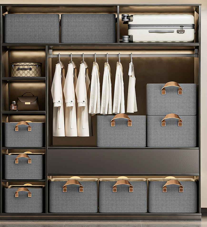 Stylish gray cotton linen storage basket with sturdy handles, designed for easy carrying. Foldable for convenient storage, perfect for organizing toys, clothes, or 3