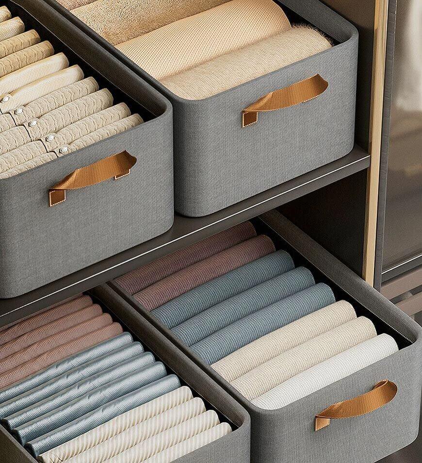 Stylish gray cotton linen storage basket with sturdy handles, designed for easy carrying. Foldable for convenient storage, perfect for organizing toys, clothes, or 4