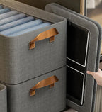 Stylish gray cotton linen storage basket with sturdy handles, designed for easy carrying. Foldable for convenient storage, perfect for organizing toys, clothes, or 5