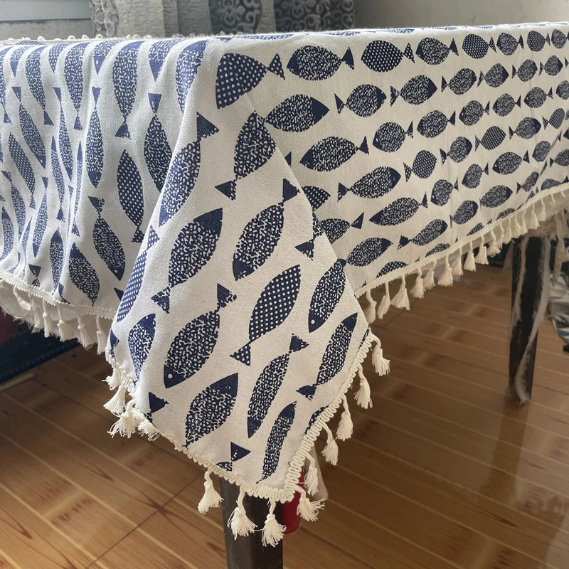 Cotton Linen Tablecloth, Blue Fish Print, Washable, 60x84 Inches, Ideal for Weddings and Tea Tables 0